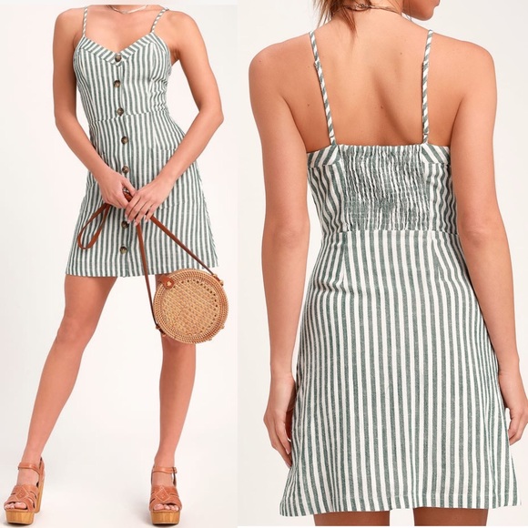 🆕 Green and White Striped Button Front Mini Dress - Picture 3 of 6